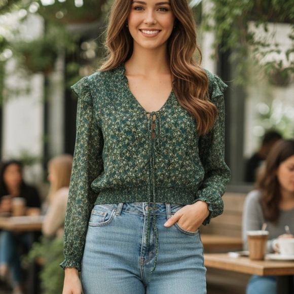 Free People Tops - Free People Dark Green Floral Blouse